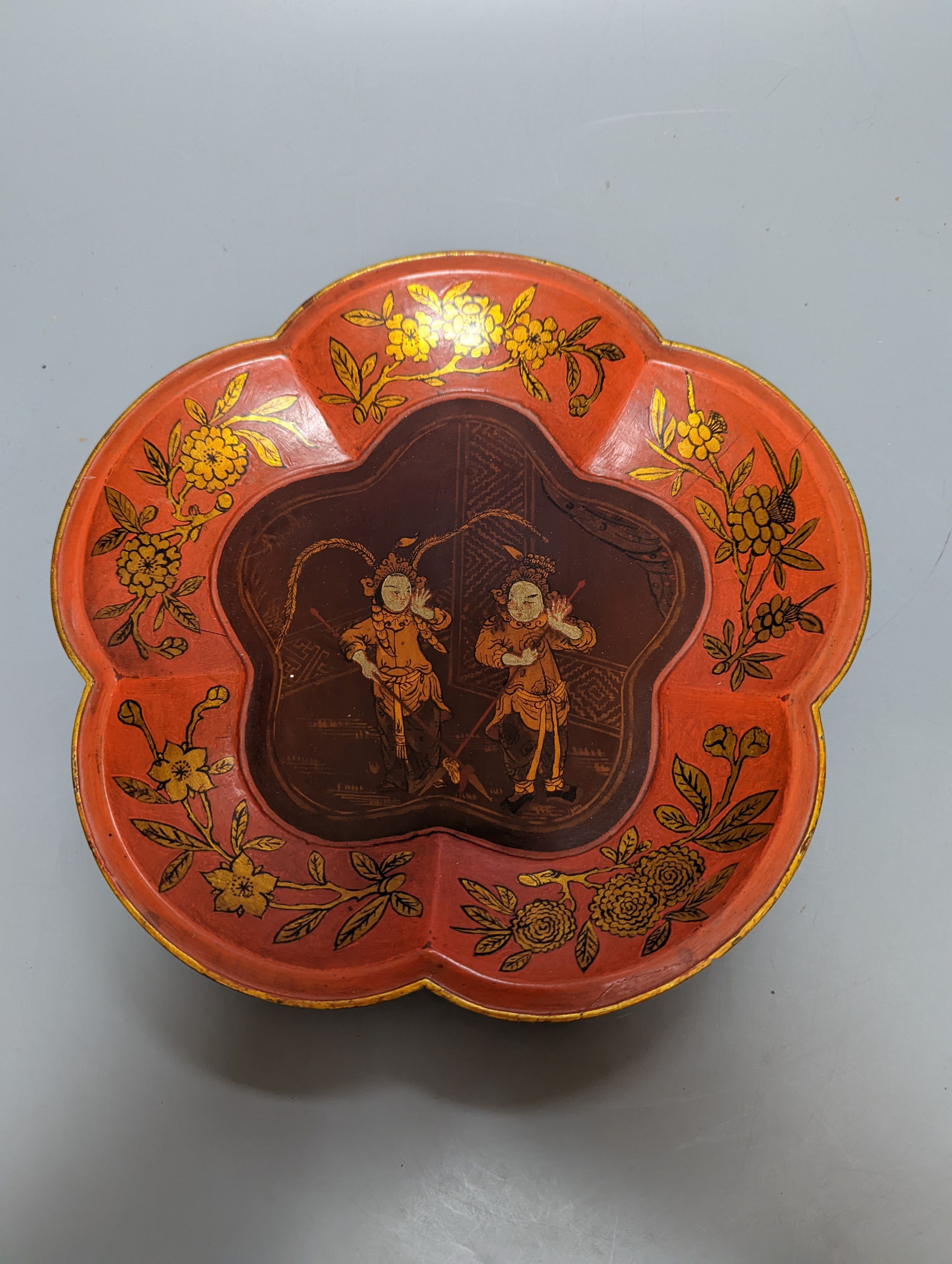 An Oriental lacquer 3 tier picnic box and similar dish, 26cm